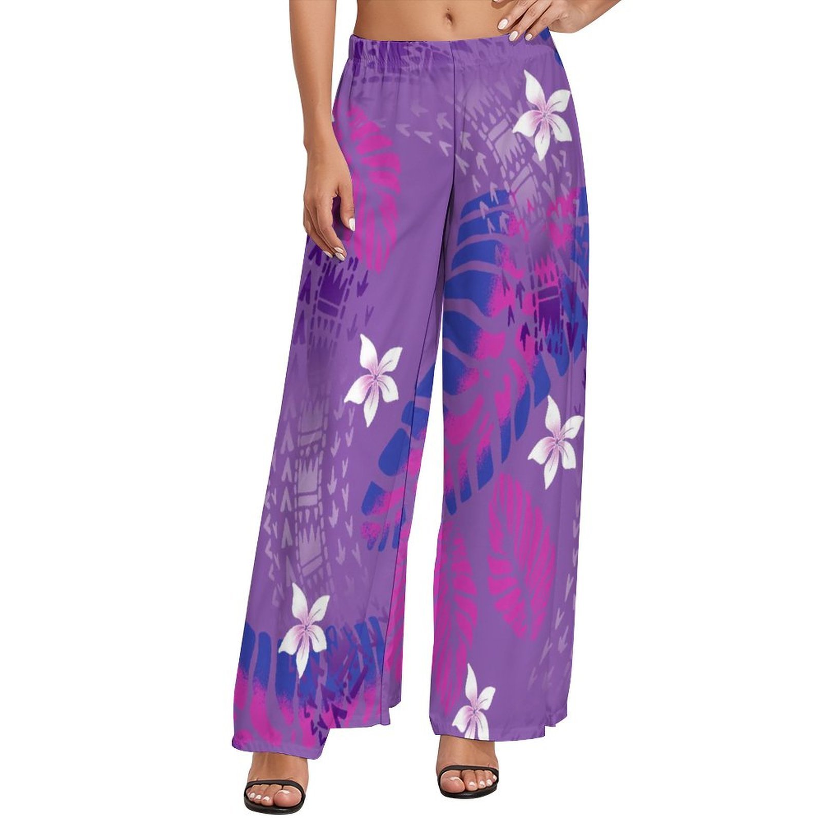 New Wholesale Customized Logo Hawaiian Style High Waist Plus Size Ladies Loose Trousers Floral Tapa Printed Long Wide Leg Pants