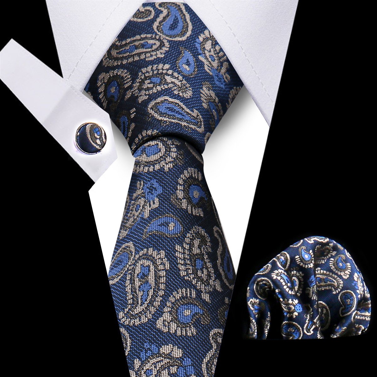 2024 Navy Blue Business Woven Tie And Pocket Square Set Polyester Silk Neckties For Men