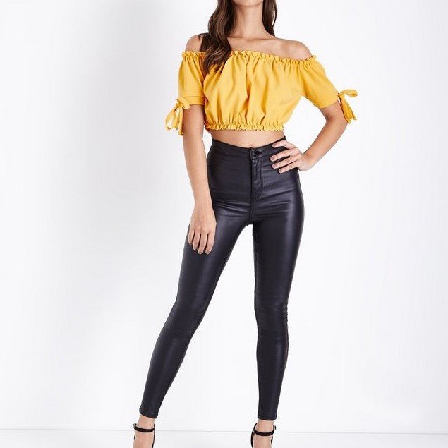Yellow Tie Sleeve Gathered Bardot Crop Top korean cropped top blouses 2020 new designs