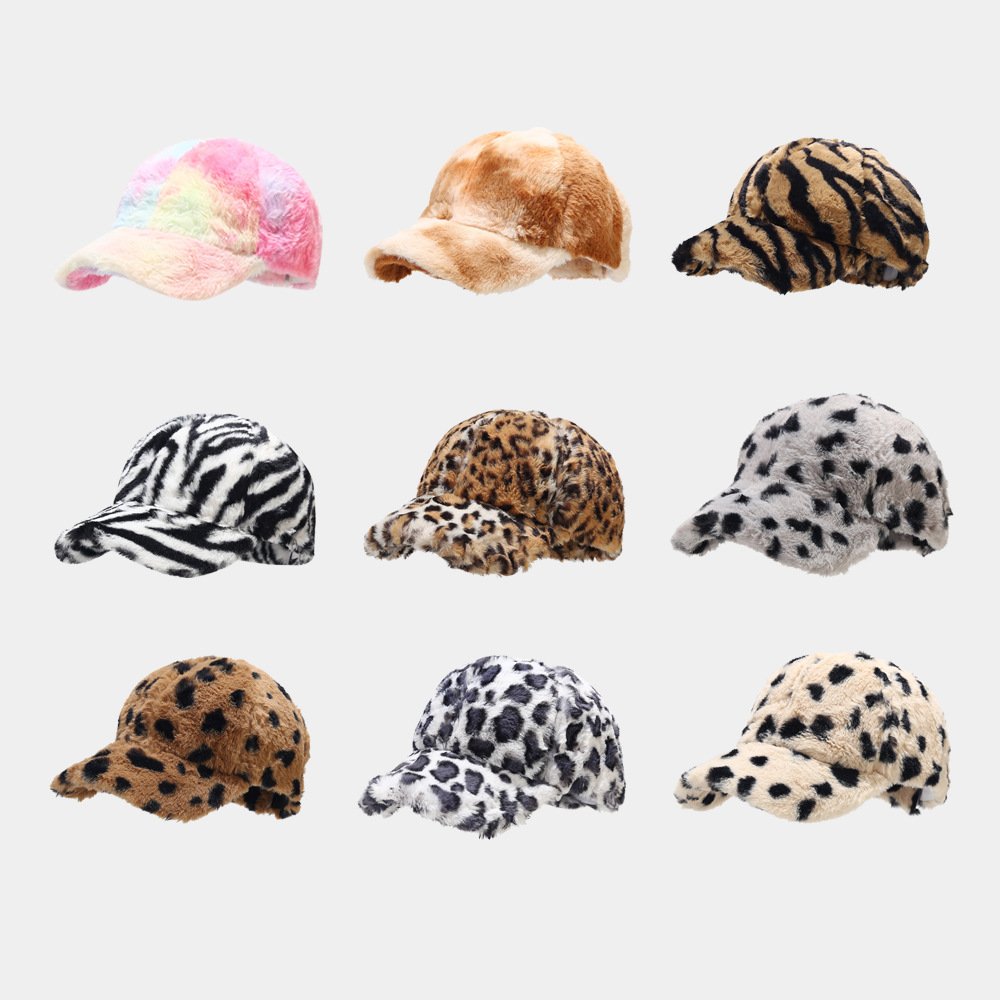 Wholesale Trendy Women Lady Winter Hat Warm Fashion Leopard Zebra Tie Dyed Baseball Cap Gorras Plush Furry Sports Cap