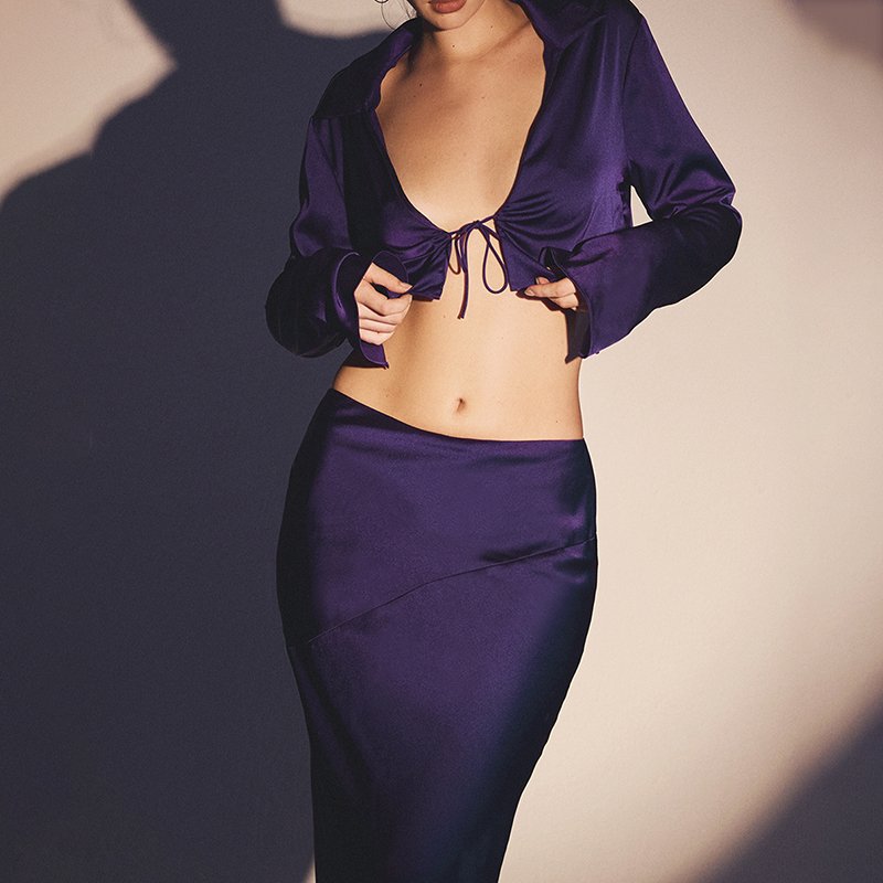 Women Clothing Custom Grape Club Party Sexy Satin Cropped Tie Front Top