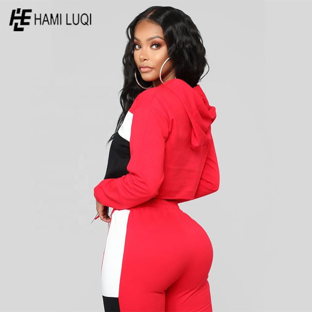 Wholesale womens Sexy 2 Pieces Solid Color Lace Up Hoodie Crop Top Joggers Pants Set Sports Casual Tracksuit Women's Sets