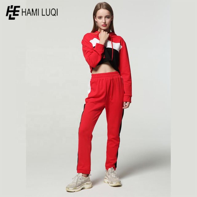 Wholesale womens Sexy 2 Pieces Solid Color Lace Up Hoodie Crop Top Joggers Pants Set Sports Casual Tracksuit Women's Sets