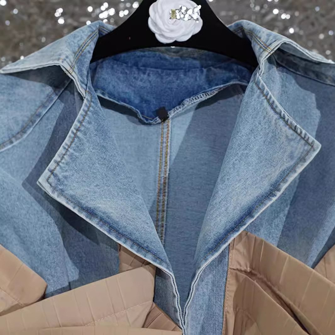 2024 new contrast color classy ruffles patchwork pleated sense of design tie back denim outwear women