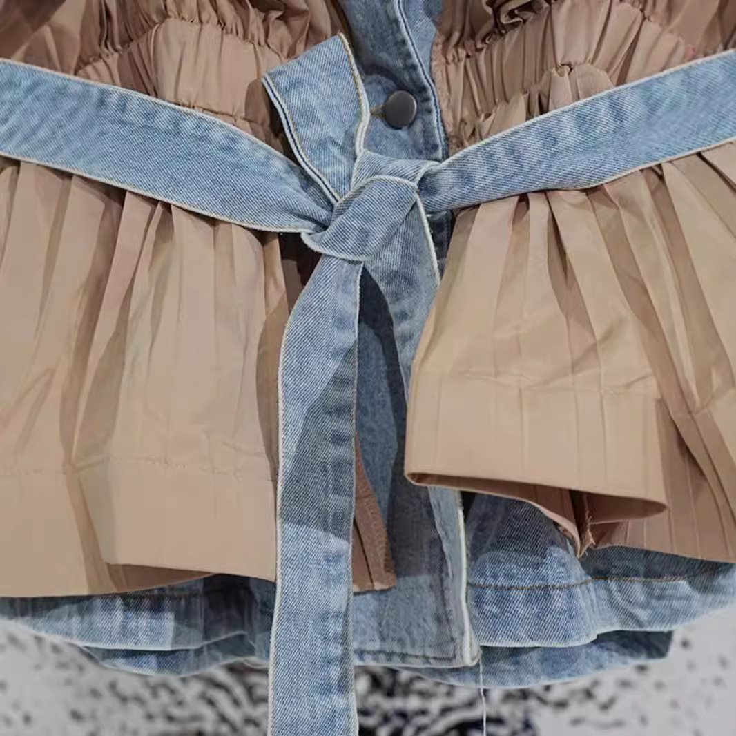 2024 new contrast color classy ruffles patchwork pleated sense of design tie back denim outwear women