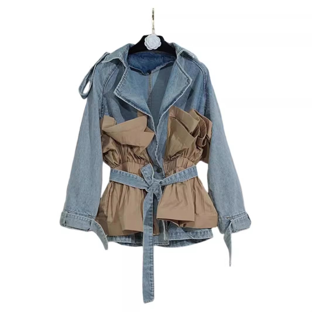 2024 new contrast color classy ruffles patchwork pleated sense of design tie back denim outwear women