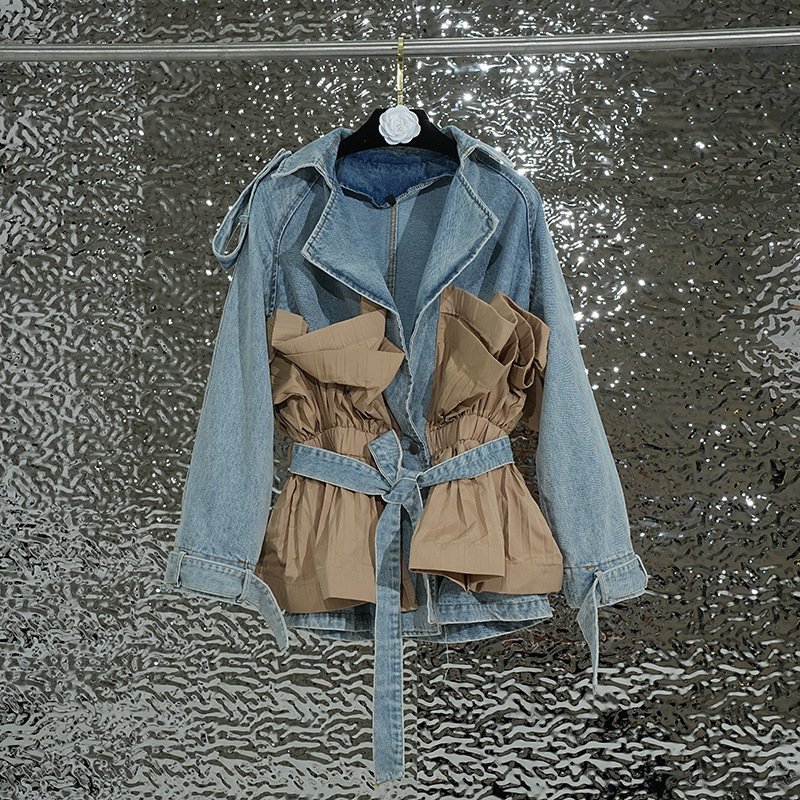 2024 new contrast color classy ruffles patchwork pleated sense of design tie back denim outwear women