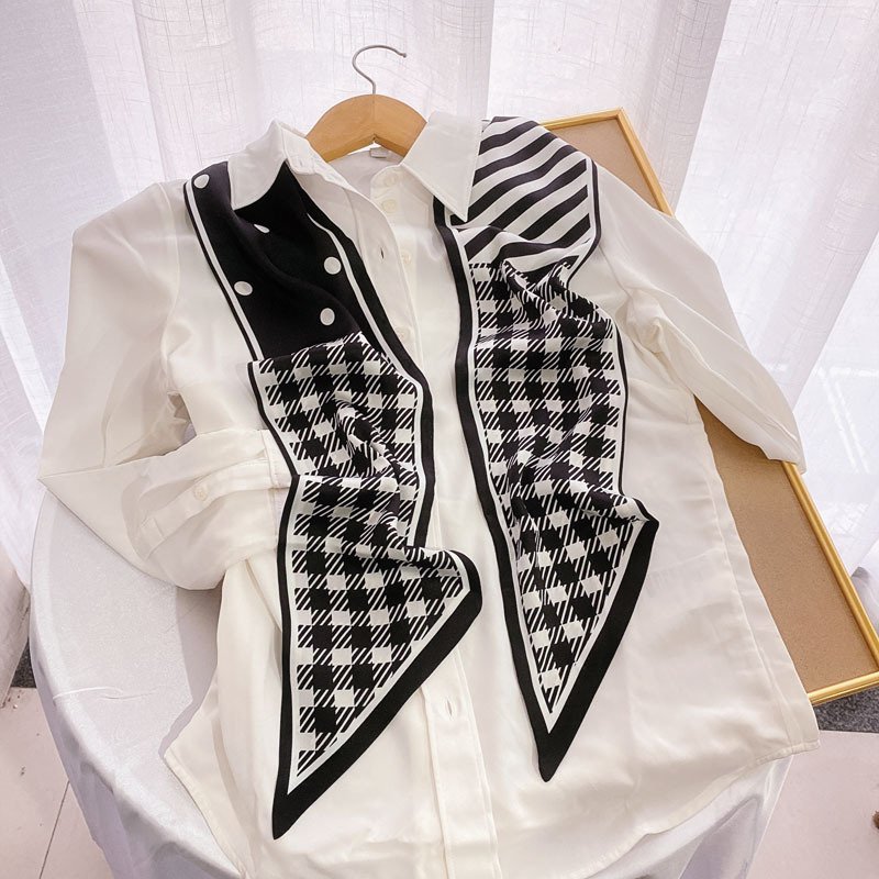 Custom Available Multi Colors Print Satin Silk Head Scarf Long Narrow Hair Accessories Tied Handle Bag Twill Neck Scarves