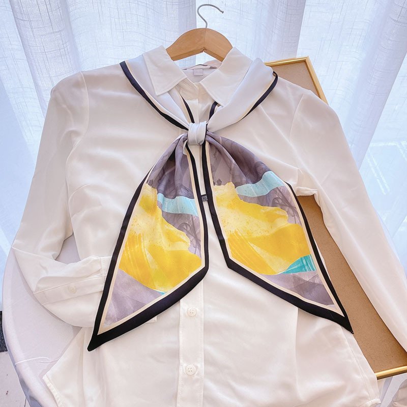 Custom Available Multi Colors Print Satin Silk Head Scarf Long Narrow Hair Accessories Tied Handle Bag Twill Neck Scarves