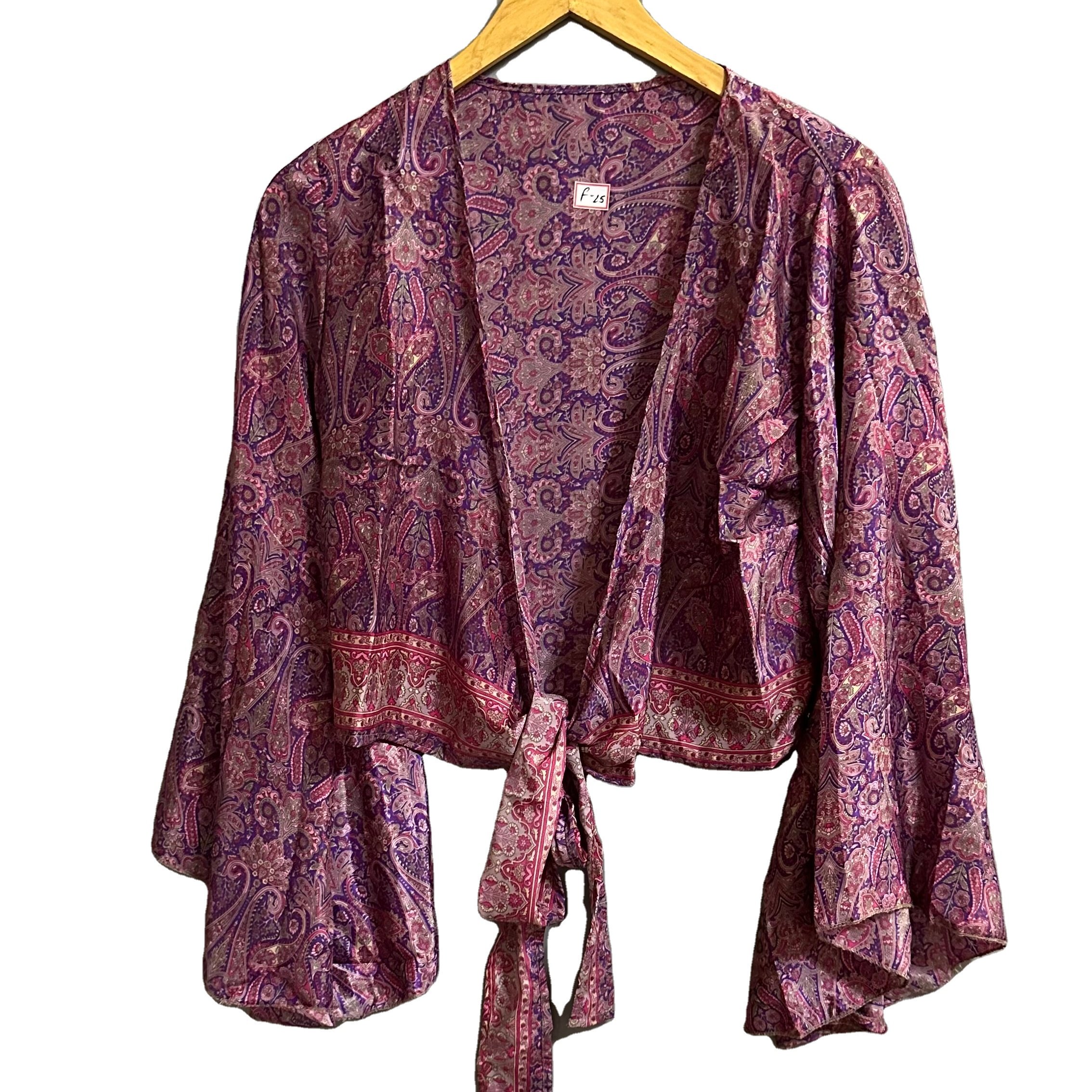 New Arrival Women's Pure Silk Crop Top Casual Summer Wear with Deep V Long Bell Sleeve and Tie Up Printed Dress