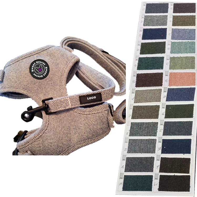 2023 Manufacture Pet Supplies No Pull Adjustable Designer Private Label Luxury Tweed Fabric Dog Cat Collar Leash and Harness Set