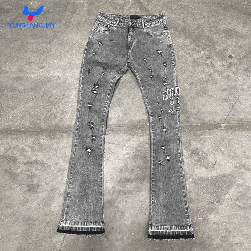 YSJY Custom Mens Heavy Acid Wash Rips Stretch Skinny Distressed Jeans