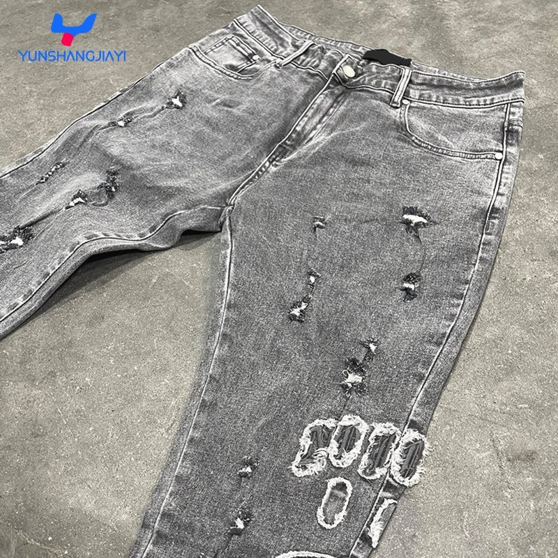 YSJY Custom Mens Heavy Acid Wash Rips Stretch Skinny Distressed Jeans