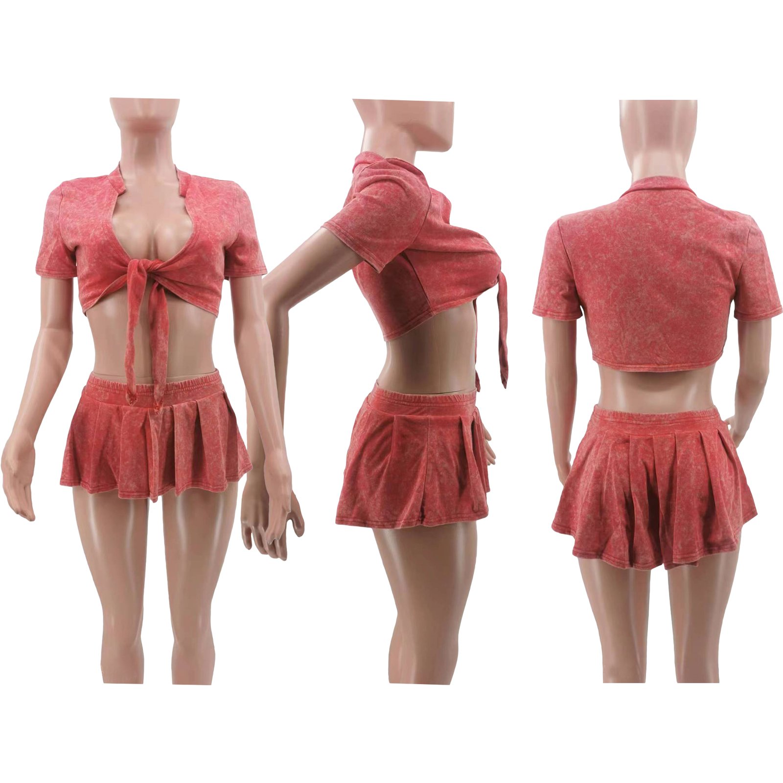 Casual wash retro stretch two pieces skirt set with tie up crop top t shirt and mini pleated skirt with panty