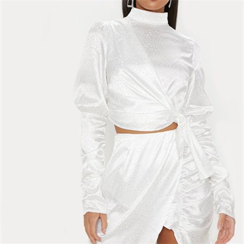 New Women's Fashion White Turtleneck Top Long Sleeve Tie Top