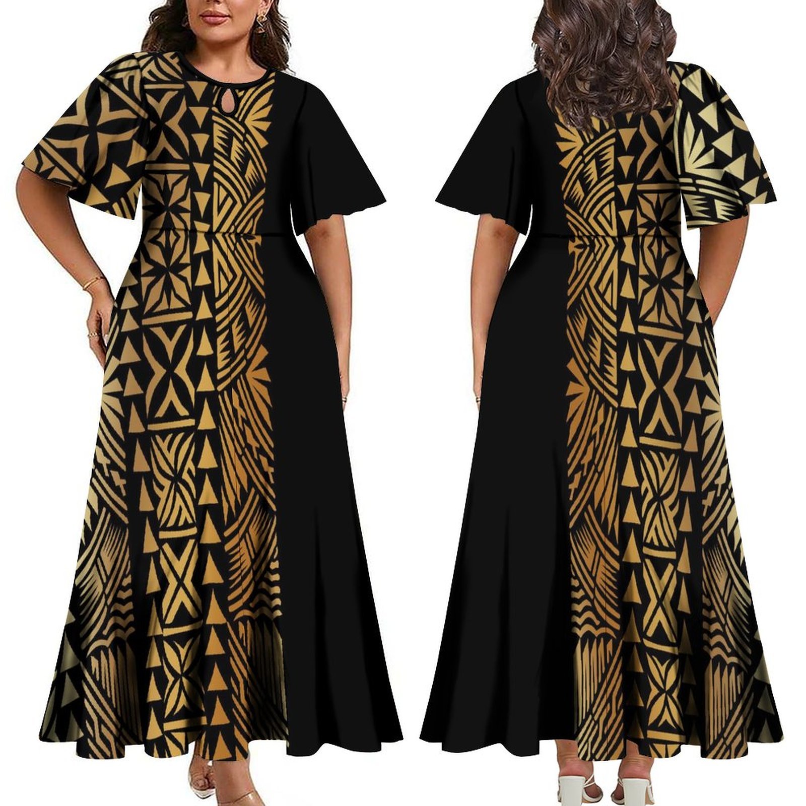 Print On Demand Custom Monstera Leaf Print Polynesian Tribal Casual Dresses Cut Out Crew Neck Swing Fit And Flare Pleated Dress