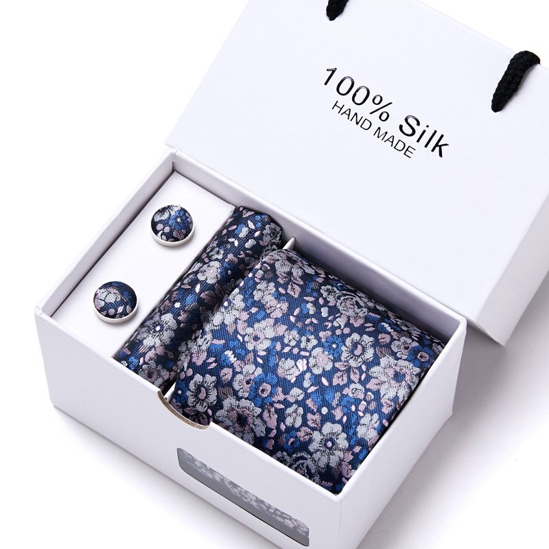 Fashion Silk Jacquard Tie White Geometric Tie Hanky Cufflink Set Ties For Men Business Wedding Party