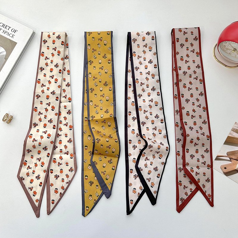 Vintage Yellow Flower Printed Silk Hair Scarf Women Headband Accessories Ladies Neck Tie Ribbon Headband Scarves