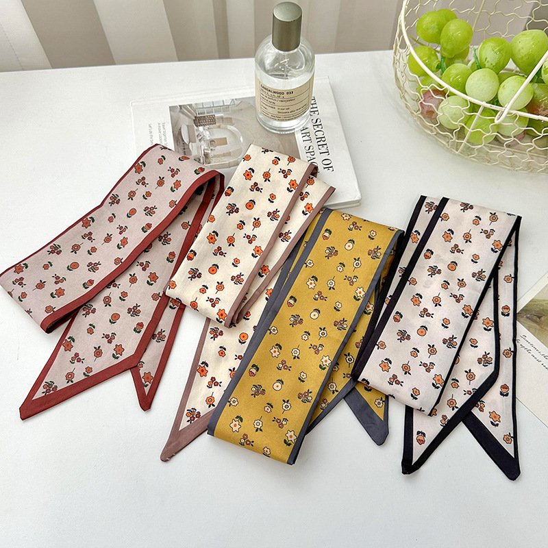 Vintage Yellow Flower Printed Silk Hair Scarf Women Headband Accessories Ladies Neck Tie Ribbon Headband Scarves