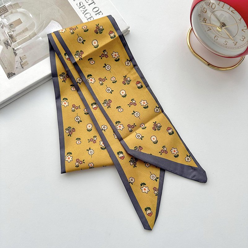 Vintage Yellow Flower Printed Silk Hair Scarf Women Headband Accessories Ladies Neck Tie Ribbon Headband Scarves