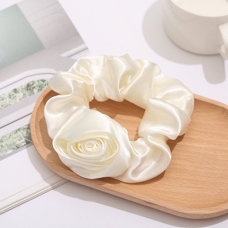 Fashion French Vintage Rose Hair Scrunchies Satin Silk White Elastic Hair Bands Flower Hair Ring For Women Accessories
