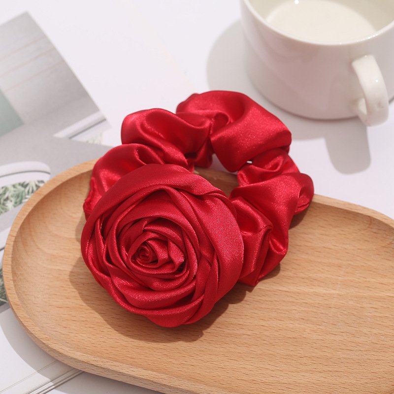 Fashion French Vintage Rose Hair Scrunchies Satin Silk White Elastic Hair Bands Flower Hair Ring For Women Accessories