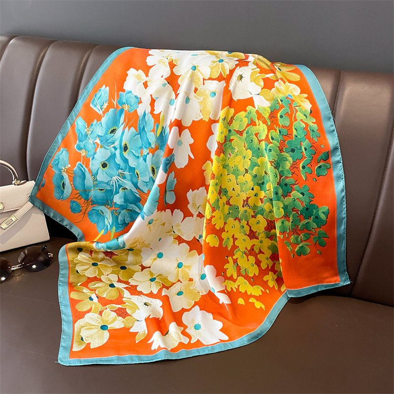 Manufacturer New Arrival Ladies Floral Silk Square Scarves Women Elegant Flower Square Hair Tie Scarves Handkerchiefs