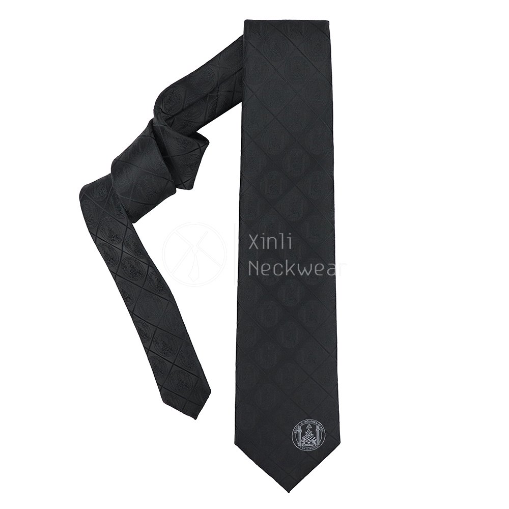 Shengzhou Supplier Black Tone on Tone Polyester Woven Neckties All Over Masonic Logo Custom Mens Ties