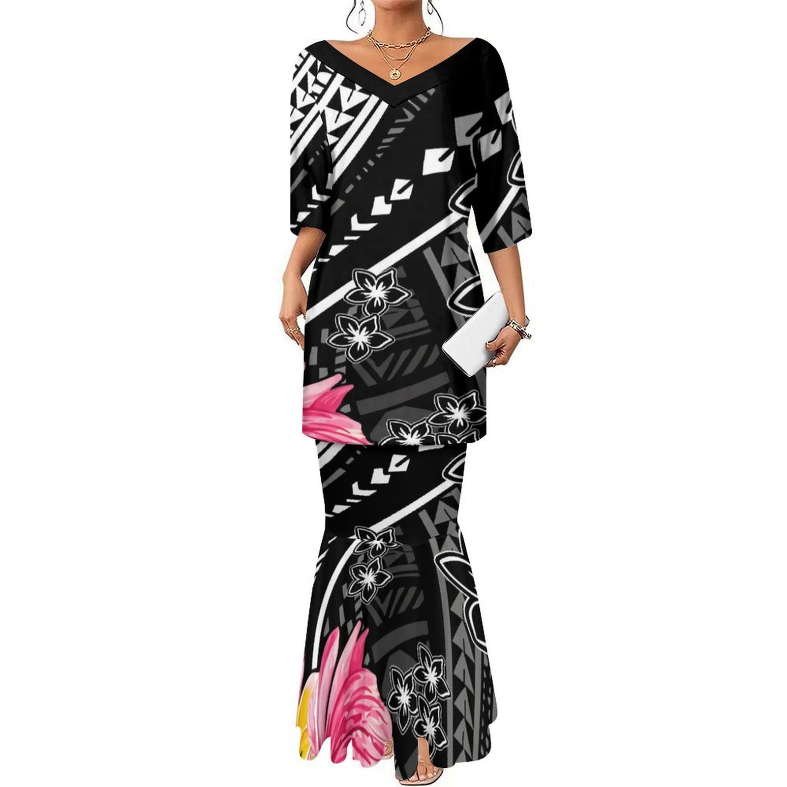 New Design 2024 Polynesian Tribal Printed Big V Neck Samoan Puletasi Set Ptaha Maxi Two Piece Skirt Set Mermaid Dresses Custom
