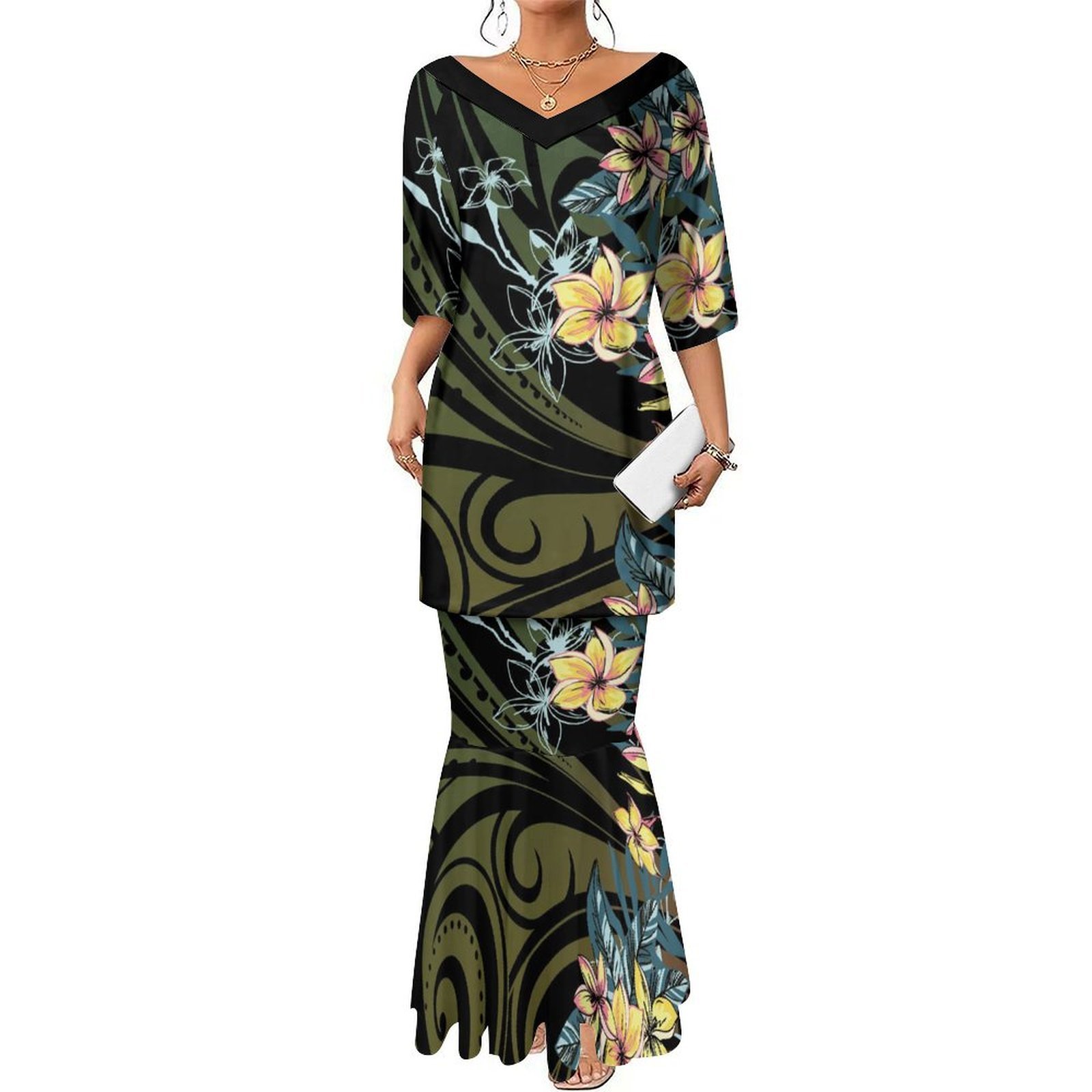 New Design 2024 Polynesian Tribal Printed Big V Neck Samoan Puletasi Set Ptaha Maxi Two Piece Skirt Set Mermaid Dresses Custom