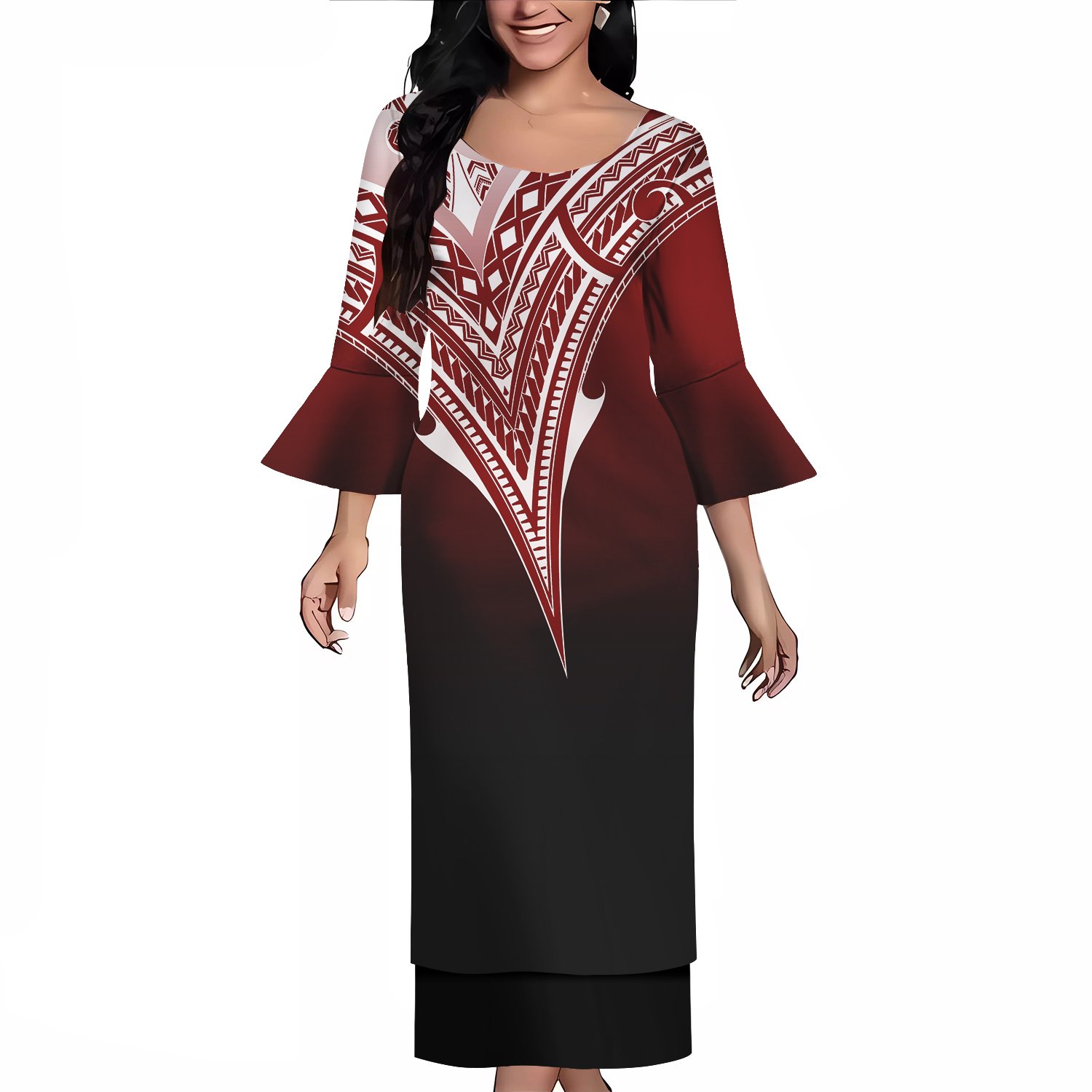 New Style Customize Polynesian Tribal Printed Flare Sleeve Samoan Puletasi Set Ptaha Women Maxi Two Piece Skirt Set Dresses 2024