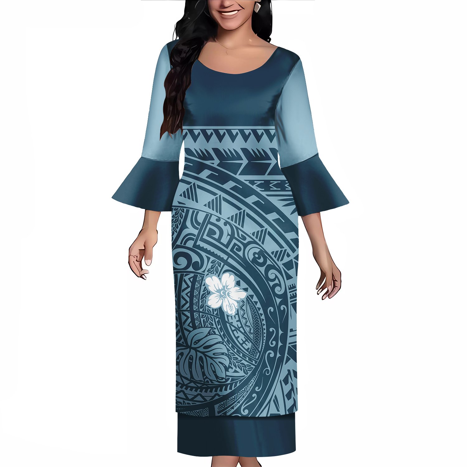 New Style Customize Polynesian Tribal Printed Flare Sleeve Samoan Puletasi Set Ptaha Women Maxi Two Piece Skirt Set Dresses 2024