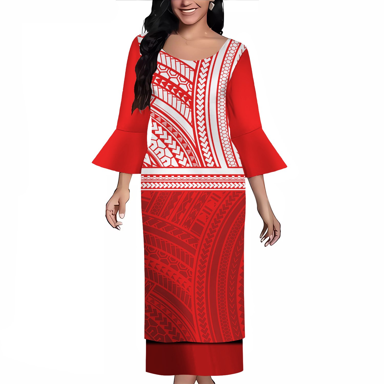New Style Customize Polynesian Tribal Printed Flare Sleeve Samoan Puletasi Set Ptaha Women Maxi Two Piece Skirt Set Dresses 2024