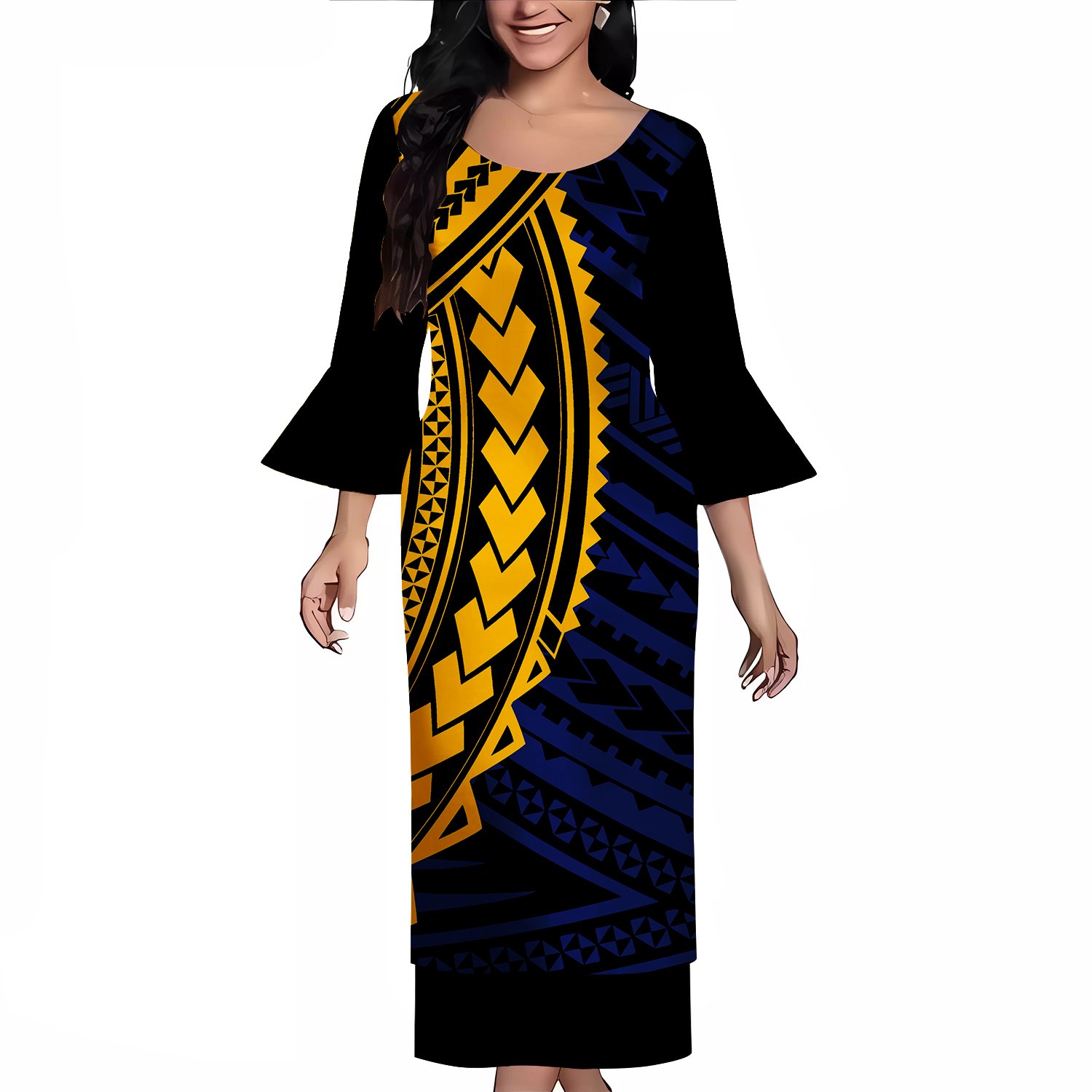New Style Customize Polynesian Tribal Printed Flare Sleeve Samoan Puletasi Set Ptaha Women Maxi Two Piece Skirt Set Dresses 2024