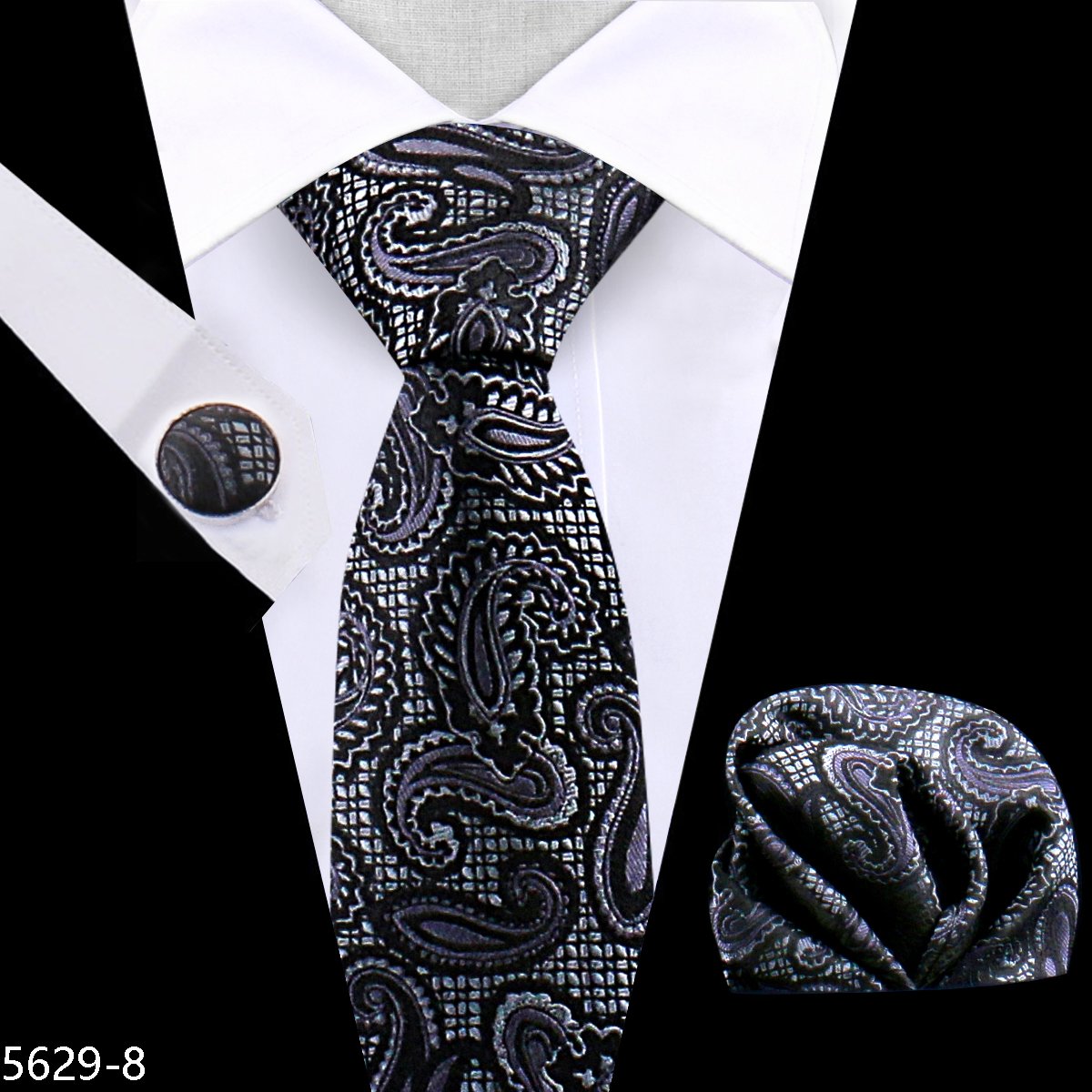 Fashion Silk Men Tie Green Teal Blue Solid Paisley Striped Plaid Floral Animal Necktie Handkerchief Cufflinks Set