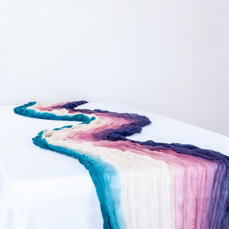 120 inches Vintage Gradient Blue Rustic Tie-dye Crinkle Gauze Cheese Cloth Table Runner for Wedding Bridal Shower Party