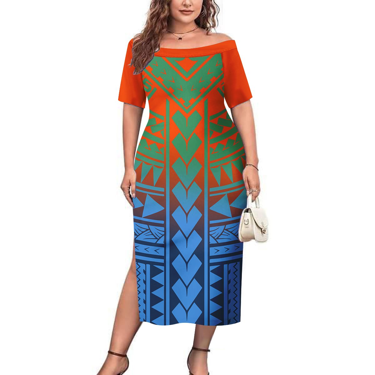 New Wholesale Customize Maroon Polynesian Tonga Tribal Printed Off Shoulder Dresses Slit Party Dresses Plus Size Womens Clothing