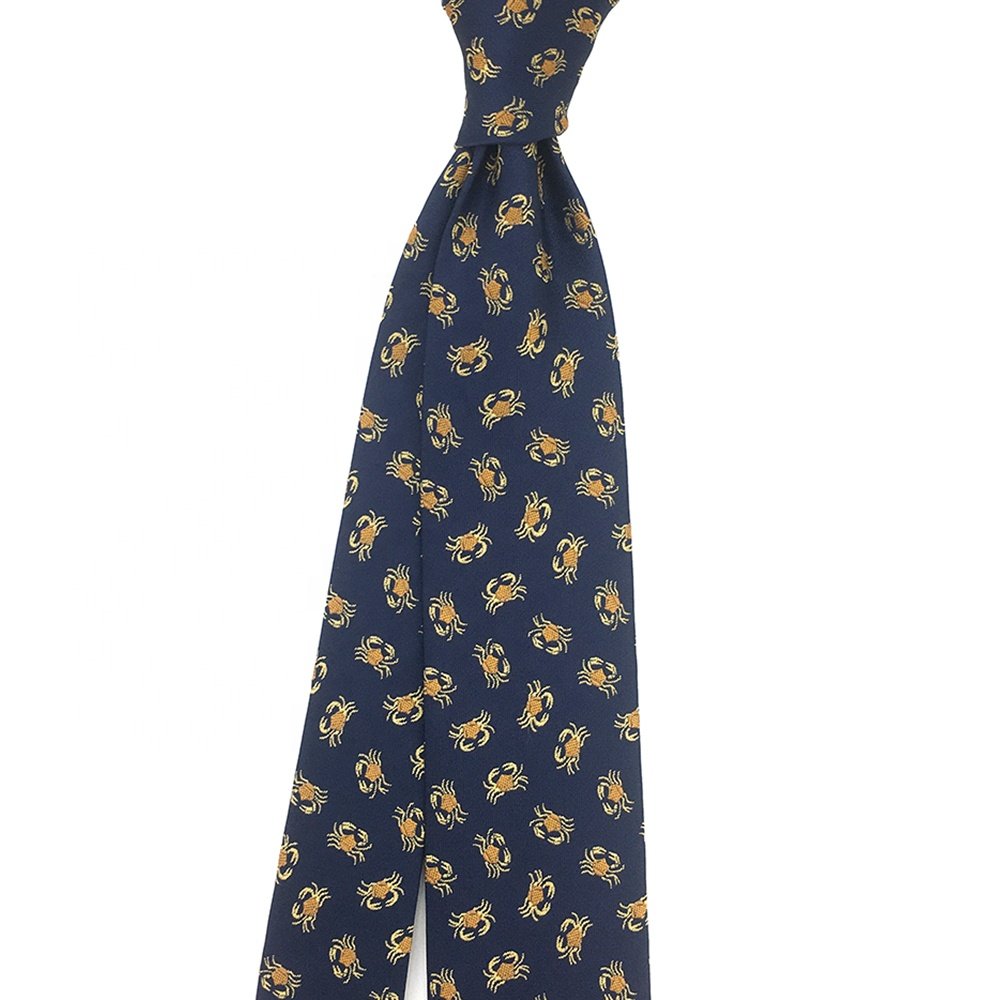 Men Tie Dark Blue Slim Skinny 7cm Gorgeous Sea Animal Motif Microfiber Polyester Woven Formal China Mens Custom Necktie Crab