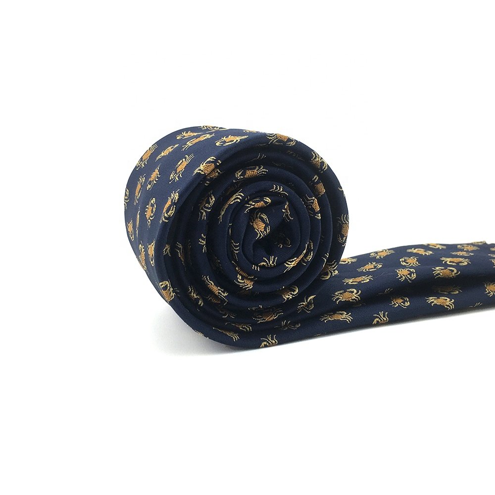 Men Tie Dark Blue Slim Skinny 7cm Gorgeous Sea Animal Motif Microfiber Polyester Woven Formal China Mens Custom Necktie Crab