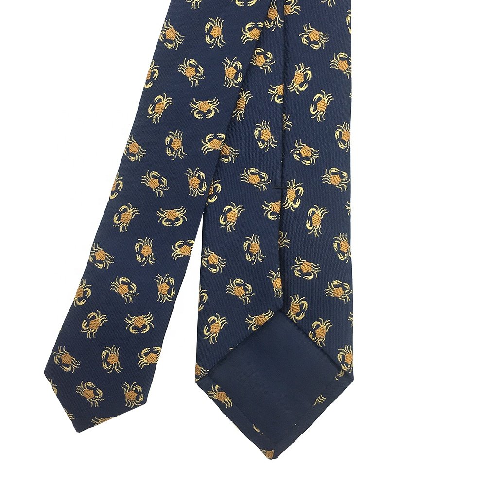 Men Tie Dark Blue Slim Skinny 7cm Gorgeous Sea Animal Motif Microfiber Polyester Woven Formal China Mens Custom Necktie Crab
