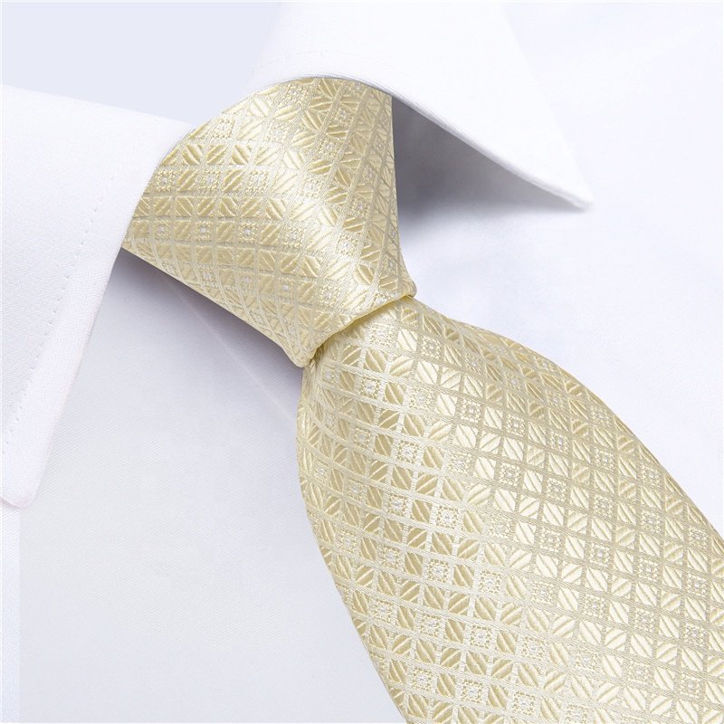 Hot Sale Mens Silk Ties Champagne Plaid Tie Handkerchief Cufflinks Set Wedding Party 3 PCS