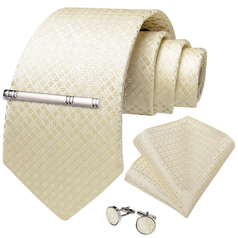 Hot Sale Mens Silk Ties Champagne Plaid Tie Handkerchief Cufflinks Set Wedding Party 3 PCS