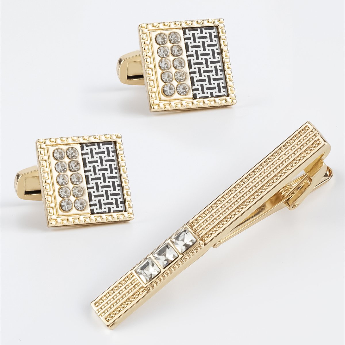 JINJIE New Design Fashion Gold Color Classic Diamond pattern Cuff links and Tie Clip For Men Gift