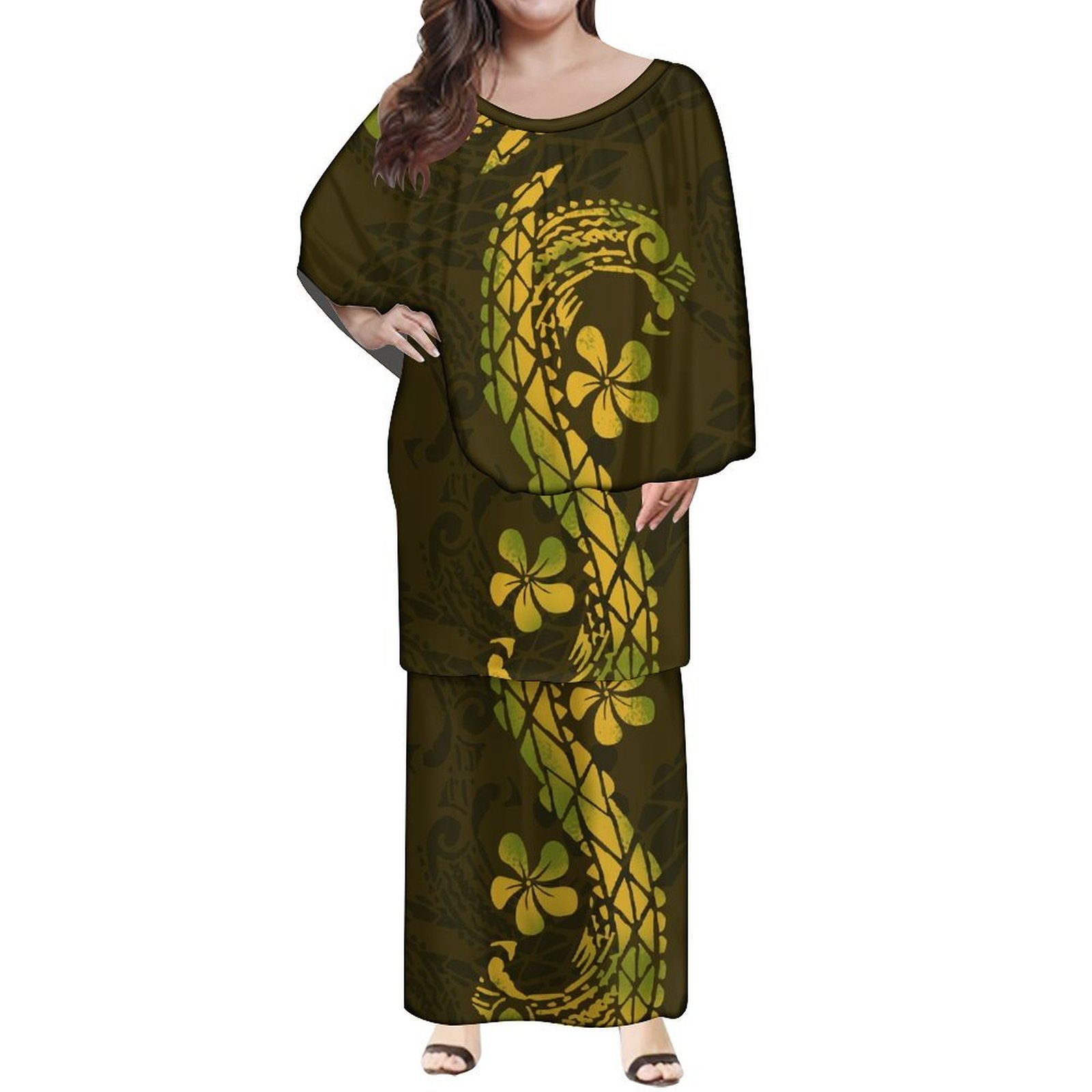 Print On Demand Customized Polynesian Tribal Printed The Big Ruffle Puletasi Samoa Puletaha Wing Dress Womens Two Piece Set 2pcs