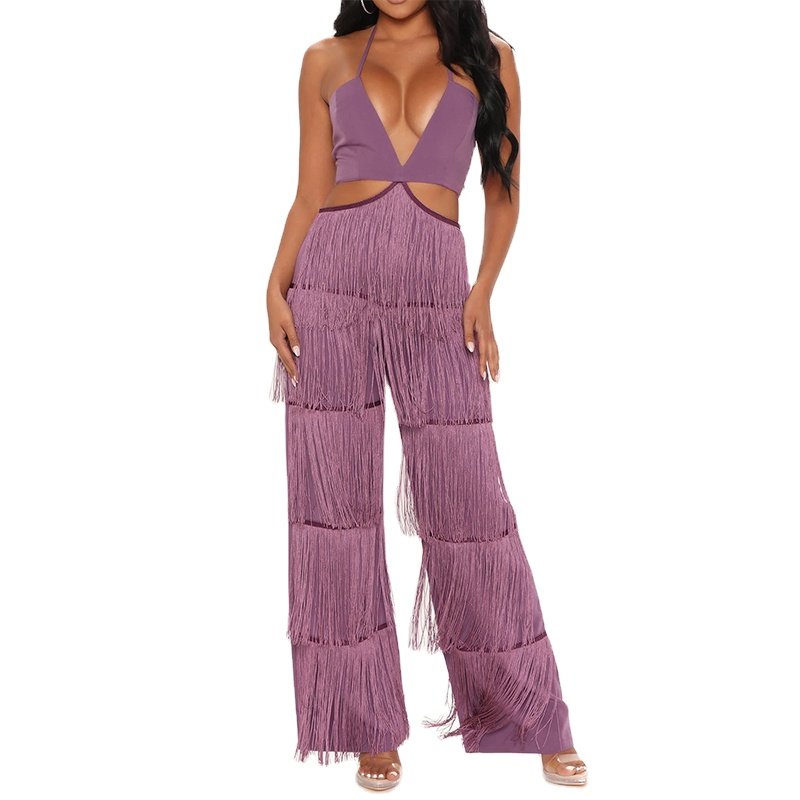 Purple Women Functional Back Zipper Sleeveless One Piece Halter Tie Back Sexy Cut Out Fringe Detail Jumpsuit