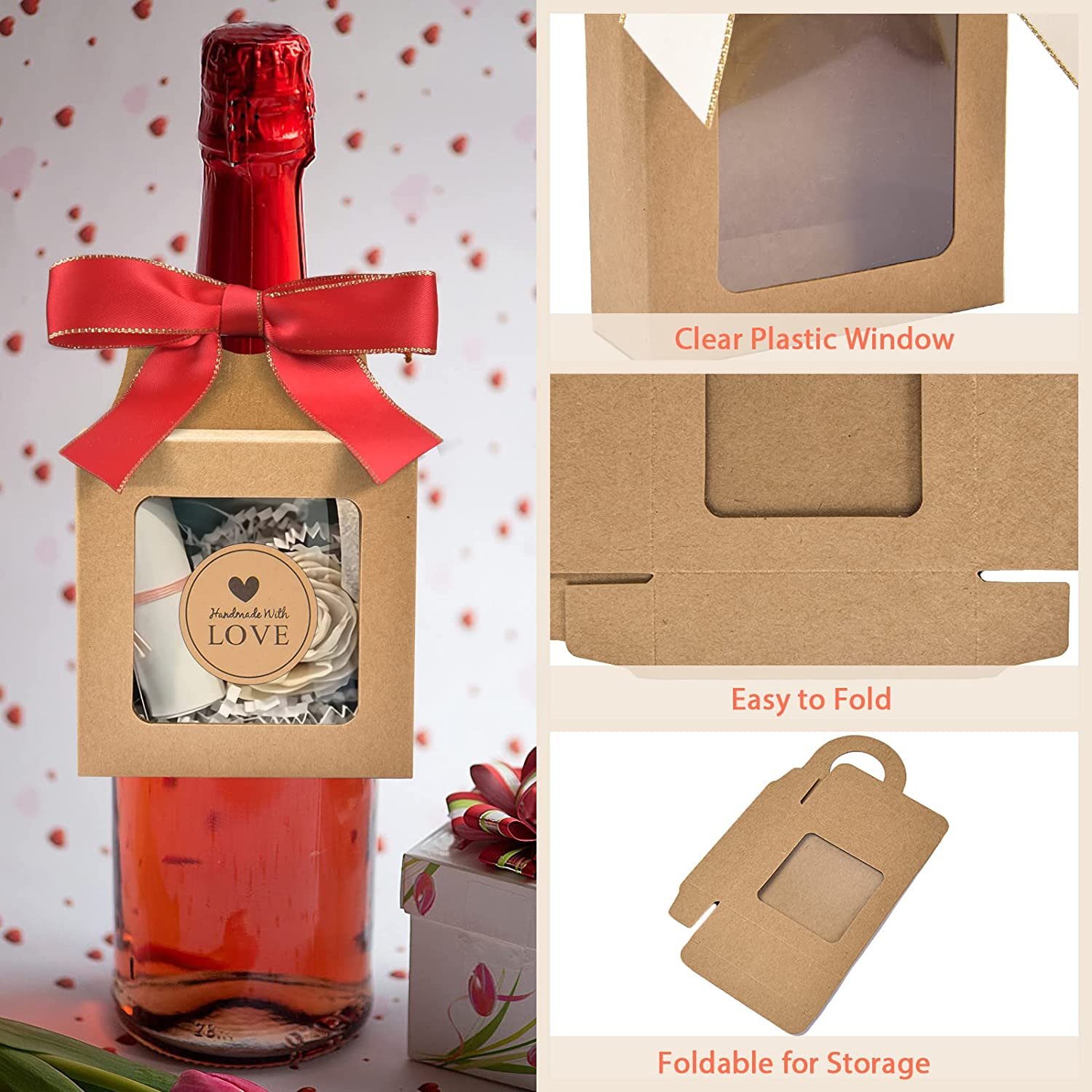 30 Count Kraft Paper Wine Bottle Box with Window,Hanging Foldable Gift Boxes Wine Boxes with 30pcs Satin Twist Tie Bows & 36pcs