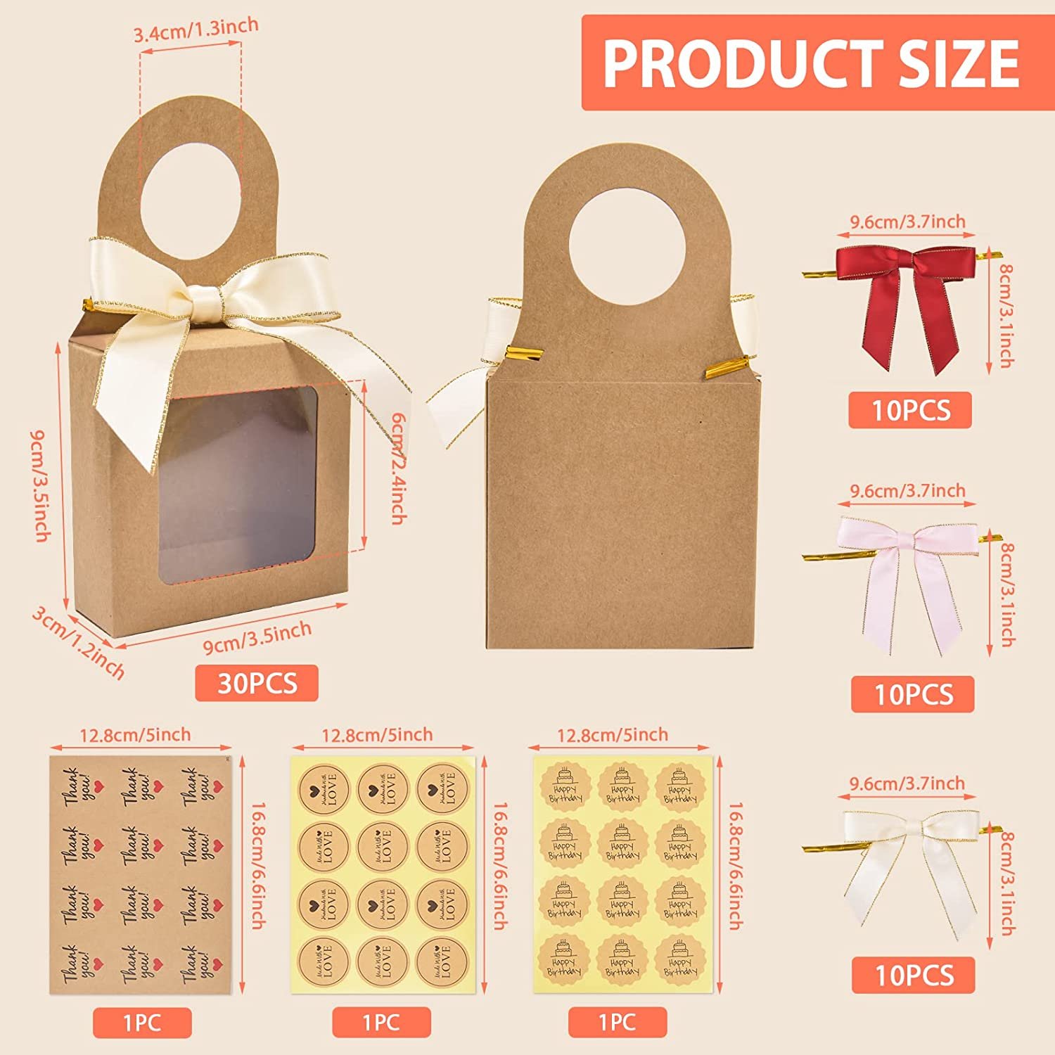 30 Count Kraft Paper Wine Bottle Box with Window,Hanging Foldable Gift Boxes Wine Boxes with 30pcs Satin Twist Tie Bows & 36pcs