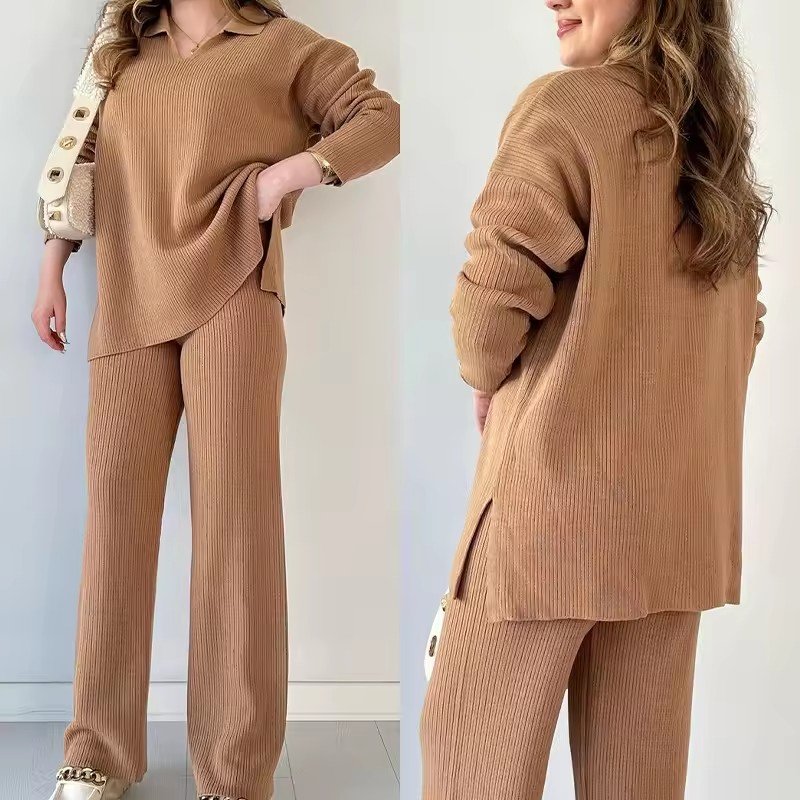 PASUXI 2024 New Winter Women's Sweater Suit Solid V-Neck Knit Sweater And Pants Sweaters Set For Women Clothing