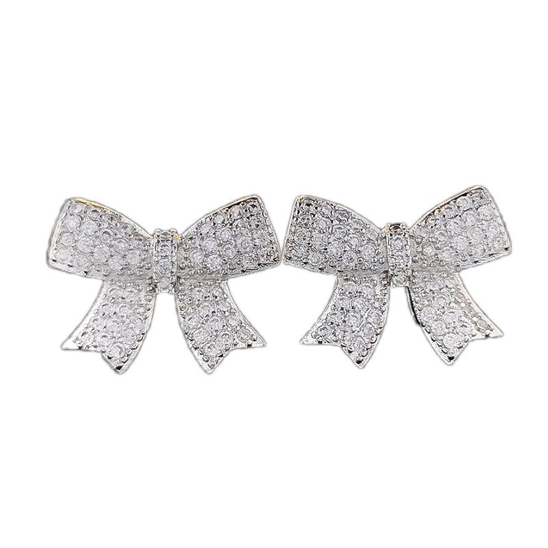 2024 Fashion Jewelry Korean rhinestone bow earrings women silver plated zirconia women small cute zircon bow tie stud earrings