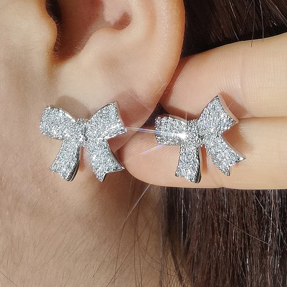 2024 Fashion Jewelry Korean rhinestone bow earrings women silver plated zirconia women small cute zircon bow tie stud earrings